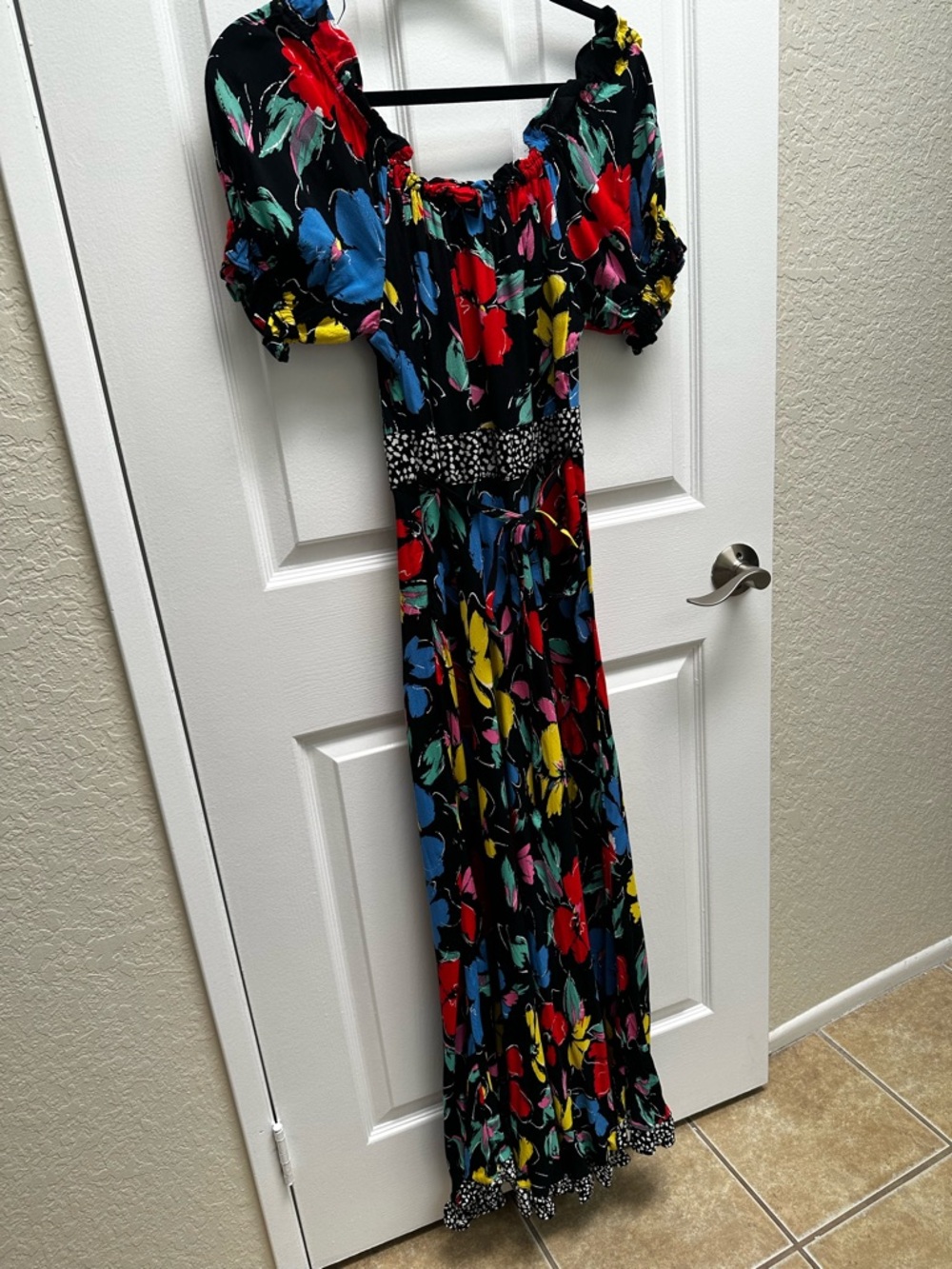 RIXO Black Maxi Dress with Red, Blue, Yellow & Pink Floral Print